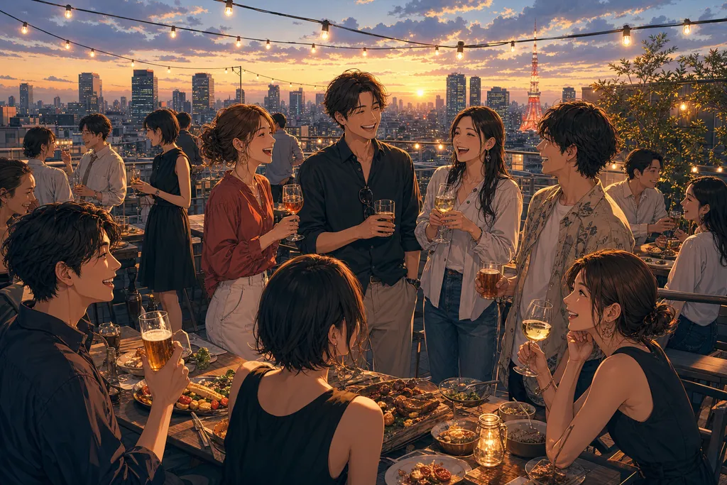 夕暮れのルーフトップで乾杯しながら交流するNEXUS TOKYOの参加者たち